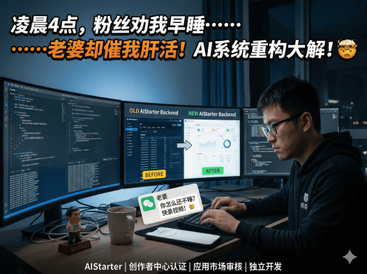 AIHubPro 或类似 AI 社区/博客AIStarter 最新后台更新实录！熊哥分享：老婆天天催录视频赚钱，革命尚未成功必须努力 + 应用市场/消息中心新功能